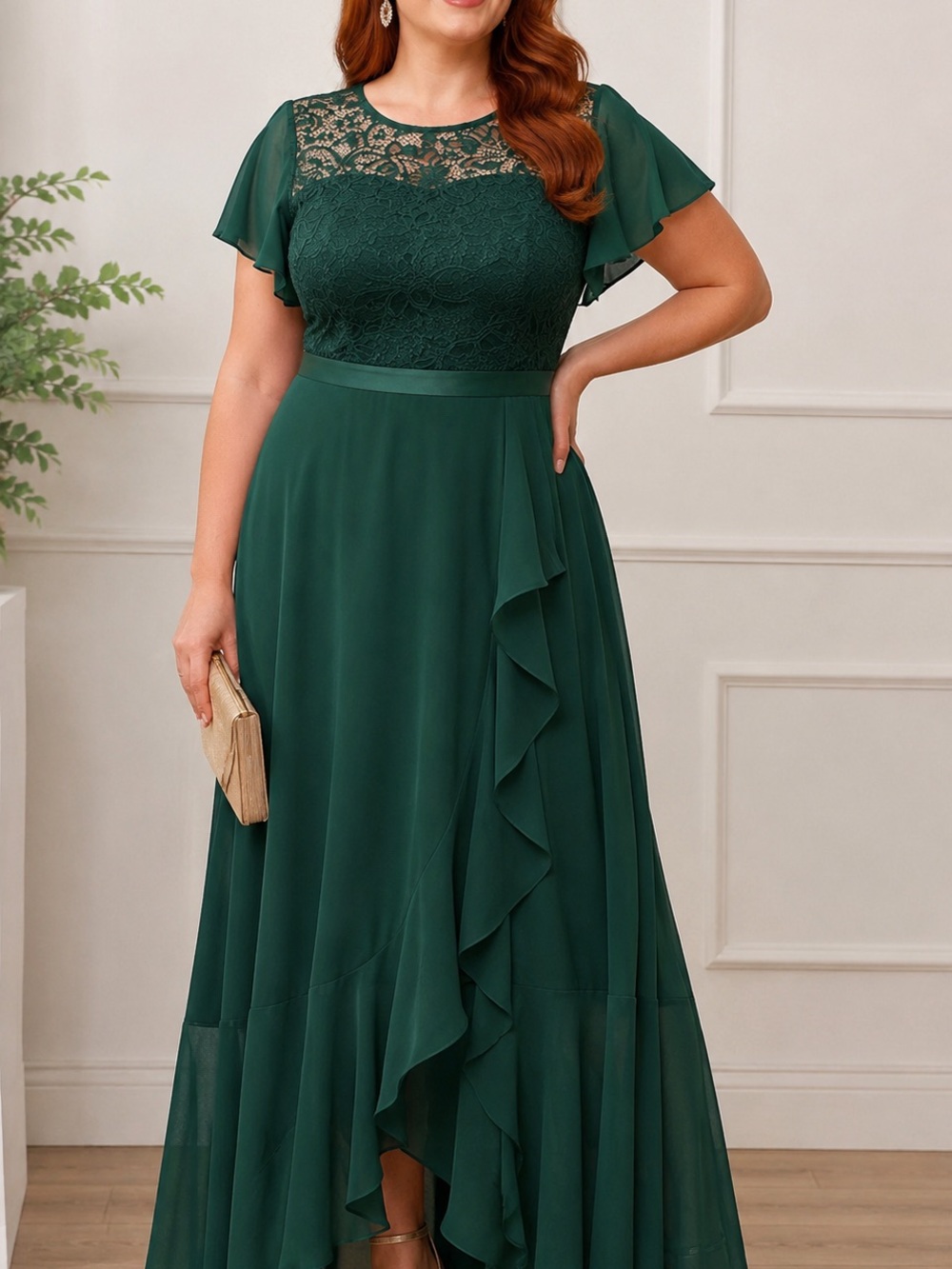 Elegant Forest Green Lace & Chiffon Maxi Dress